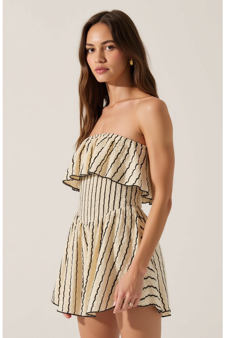 Textured Strapless Mini Dress with Ruffled Bodice and Fitted Waist, Alternate, color, Beige / Black