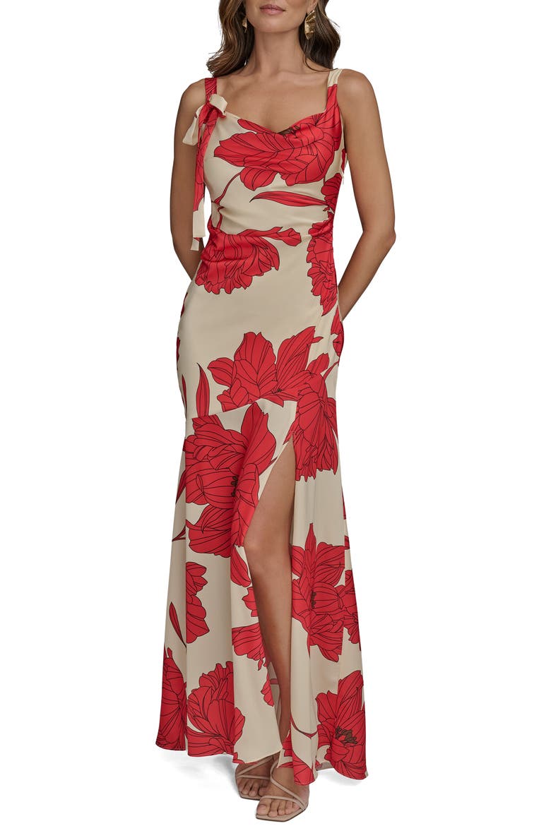 Floral Cowl Neck Satin Gown, Main, color, SAHARA RED