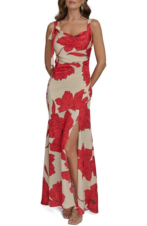 Floral Cowl Neck Satin Gown