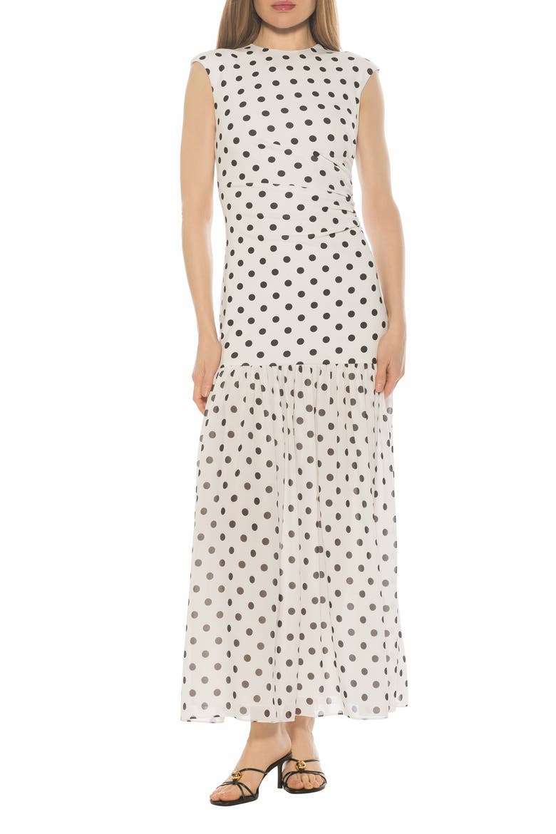 Caelen Cap Sleeve Drop Waist Maxi Dress, Main, color, IVORY POLKA