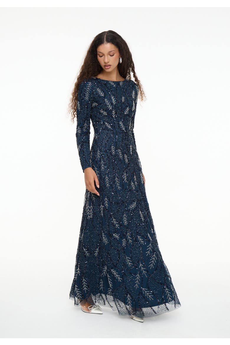 Modest Embellished Sequin Beaded Dress Maxi With Detailed Work, Alternate, color, NAVY