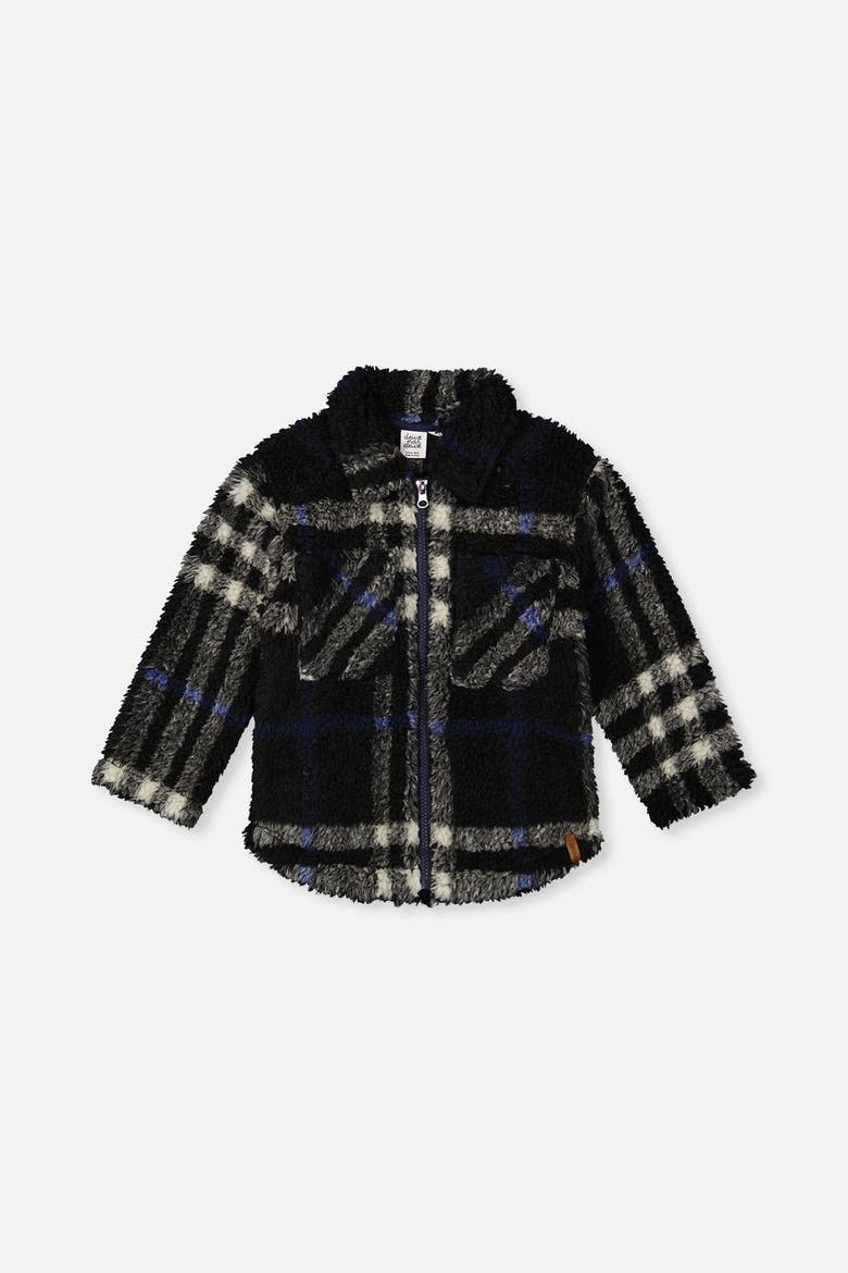 Plaid Full-Zip Dual Chest Pocket Fleece Overshirt, Main, color, Black and Blue Plaid