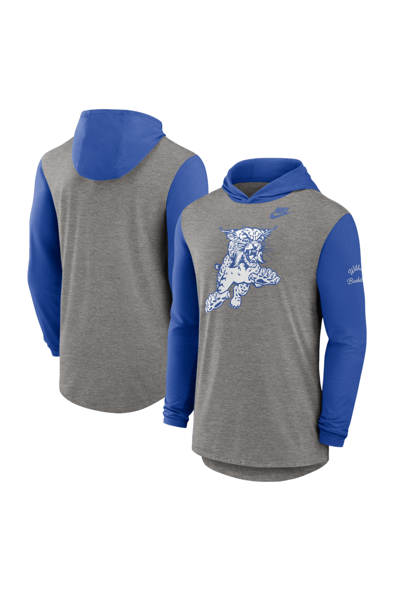 Men's Nike Heather Gray/Royal Kentucky Wildcats Campus Legacy Tri-Blend Long Sleeve Hooded T-Shirt, Main, color, Heather Gray