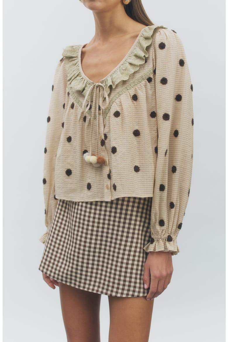 Theodore Polka Dot Ruffle Top, Alternate, color, TAN BROWN