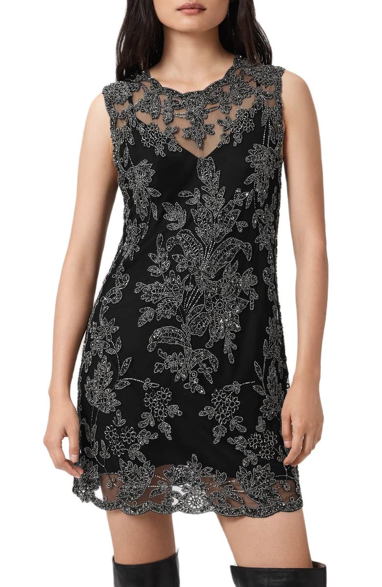 AllSaints Inaya Crystal Tapestry Minidress, Alternate, color, Black
