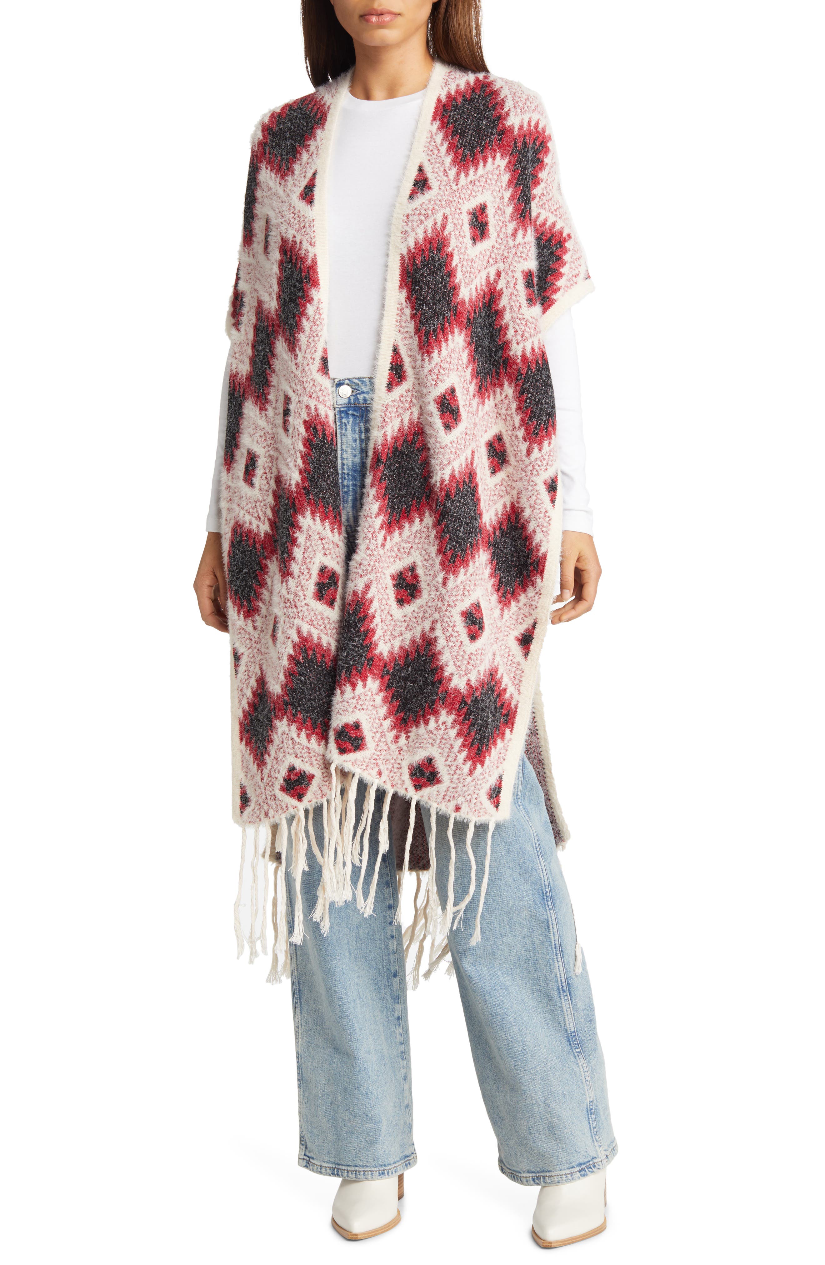 Roffe Accessories Geometric Jacquard Fringe Wrap