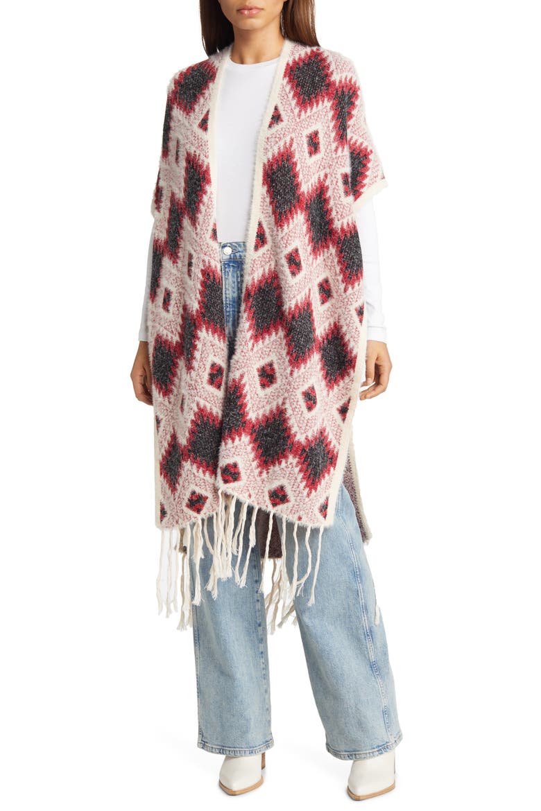 Geometric Jacquard Fringe Wrap, Main, color, RED MOTIFF