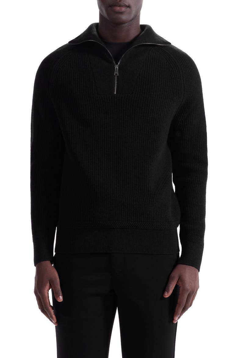 Merino Wool & Cotton Quarter Zip Pullover, Main, color, BLACK