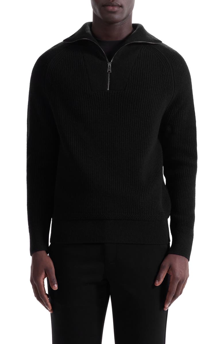 Bugatchi Merino Wool & Cotton Quarter Zip Pullover, Main, color, Black