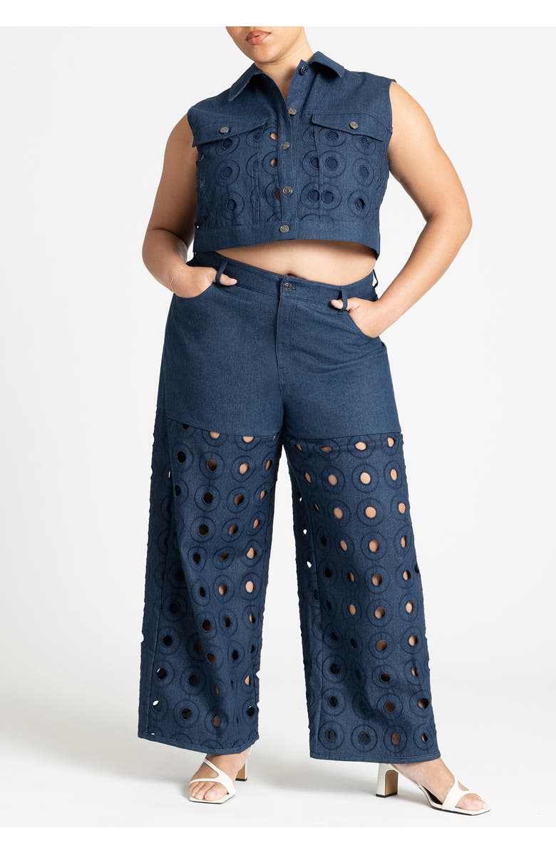 ELOQUII Circular Cutout Denim Pant, Alternate, color, Dark Wash Denim