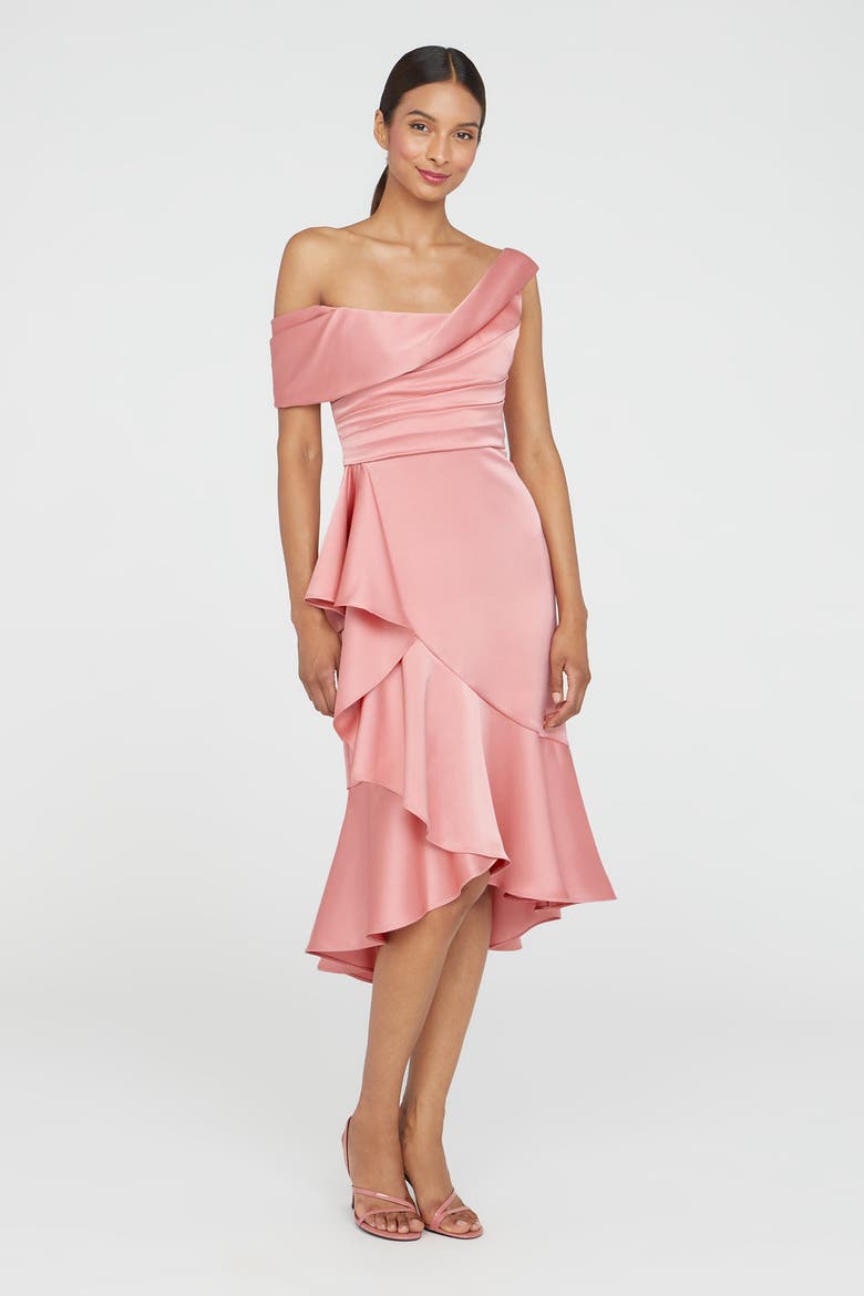 Janice Draped Asymmetric Dress, Alternate, color, Sugar Coral