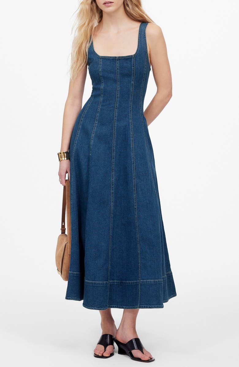 Madewell Seamed Denim Flare Midi Dress, Main, color, Croswell Wash