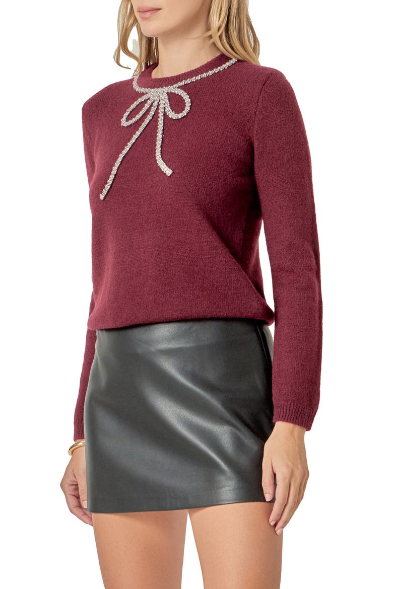 Rhinestone Bow Sweater, Alternate, color, WINE