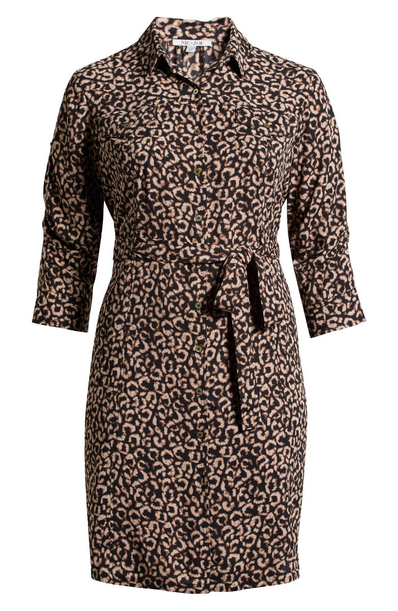 NIC+ZOE Abstract Animal Print Ruched Sleeve Trench Shirtdress, Alternate, color, Brown Multi