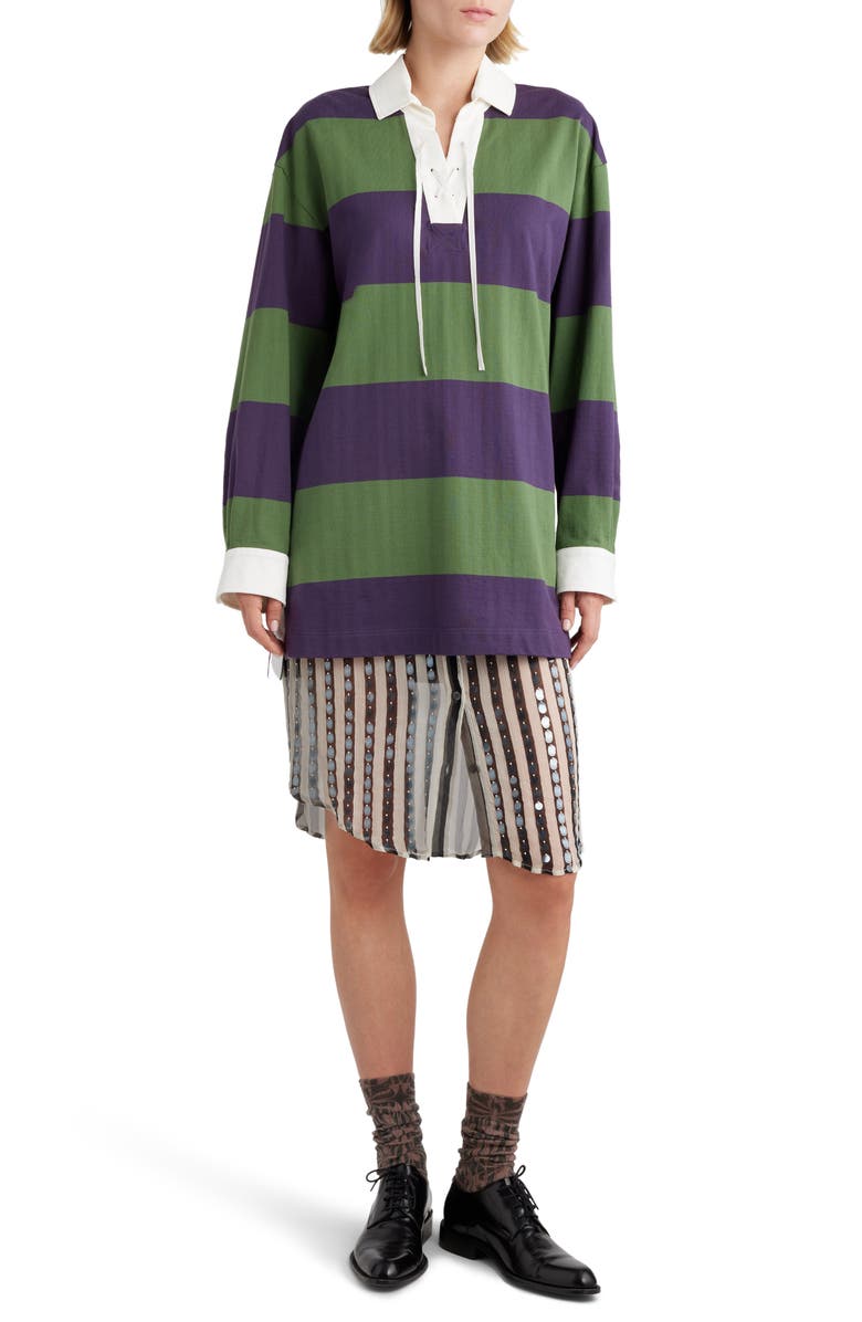 Dries Van Noten Block Stripe Lace-Up Cotton & Linen Blend Rugby Shirt, Alternate, color, 