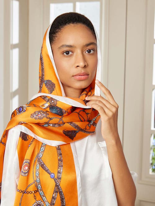 Silksilky 100% Mulberry Silk Printed Rectangular Long Shawl Scarf 170x53cm In Orange
