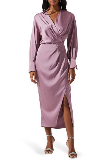 Astr The Label Sadyra Long Sleeve Satin Midi Dress In Pink