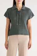 T Tahari Tie Neck Short Sleeve Open Stitch Sweater