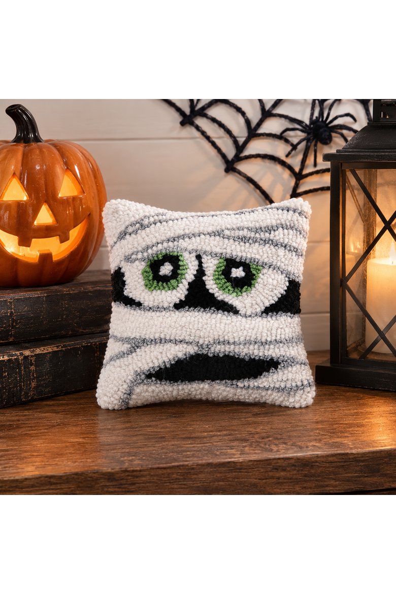 Mummy Face Small Accent Pillow 8" x 8" Fall Halloween Home Decor, Alternate, color, White