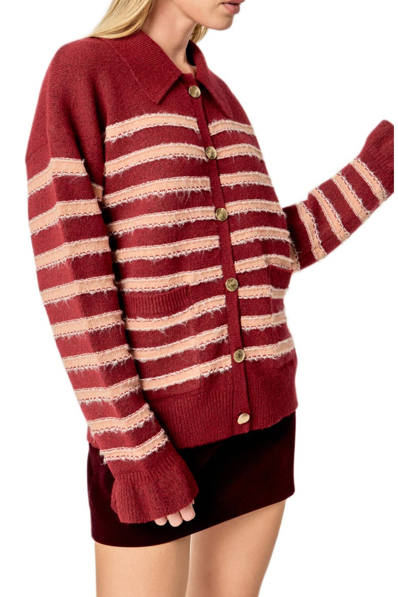 Stripe Ruffle Cuff Collar Cardigan, Alternate, color, BURGUNDY/SALMON