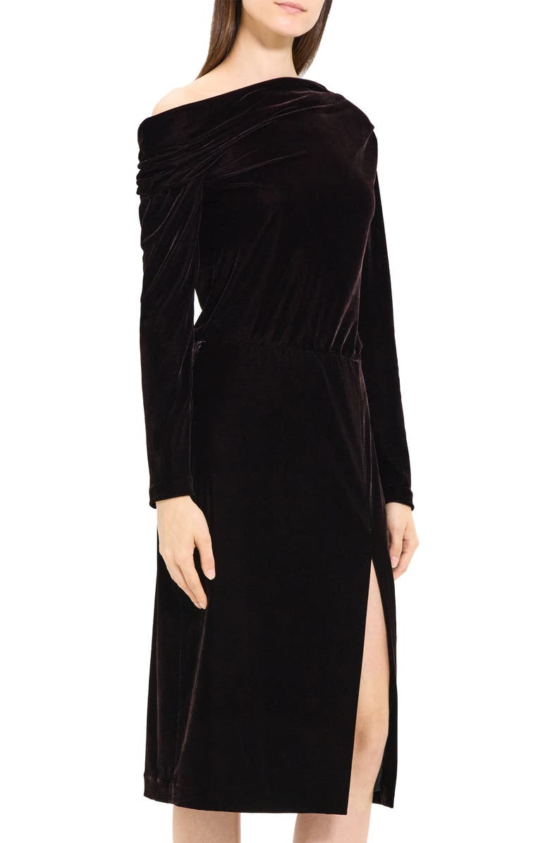 Theory Off the Shoulder Long Sleeve Stretch Velvet Dress, Alternate, color, Mink