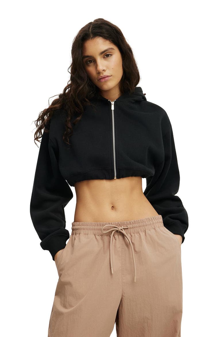 Women's Active Plush Micro Cropped Zip Through, Main, color, Black