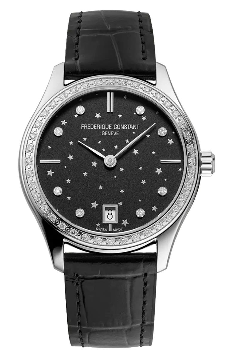 FREDERIQUE CONSTANT Classic Leather Strap Watch, 36mm, Main, color, Silver