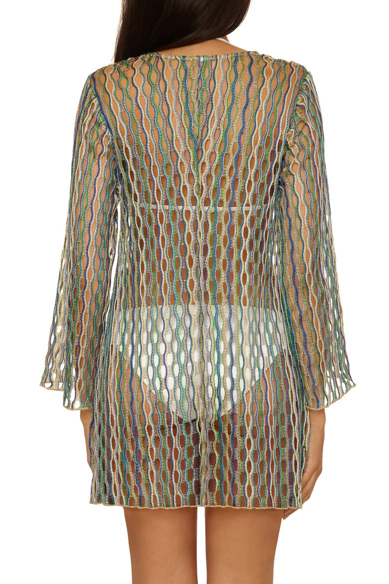 Desert Dancer Metallic Long Sleeve Sheer Cover-Up Dress, Alternate, color, SKY BLUE MULTI