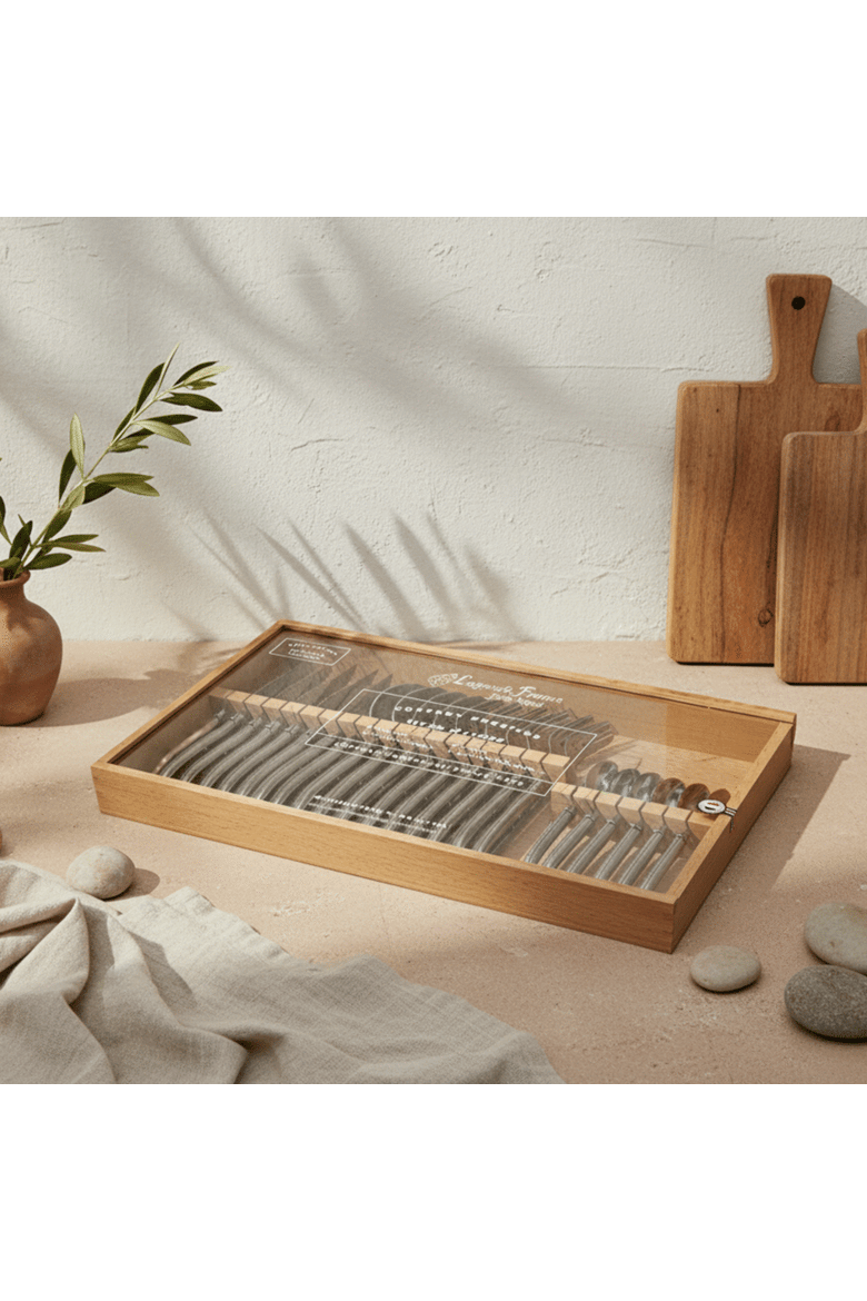 Platine 24 Piece Flatware Set in Wood Box with Acrylic Lid, Alternate, color, Platine Stainless Steel