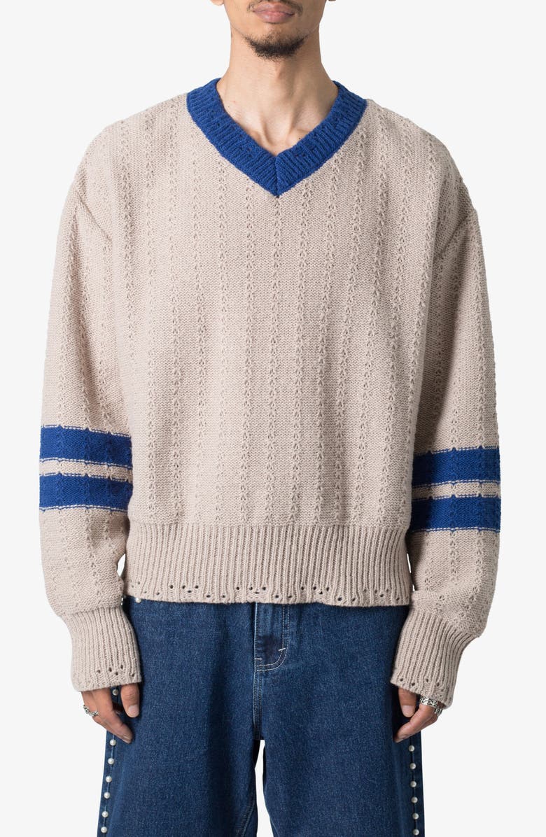 mnml Varsity V-Neck Sweater, Main, color, Off White/ Blue