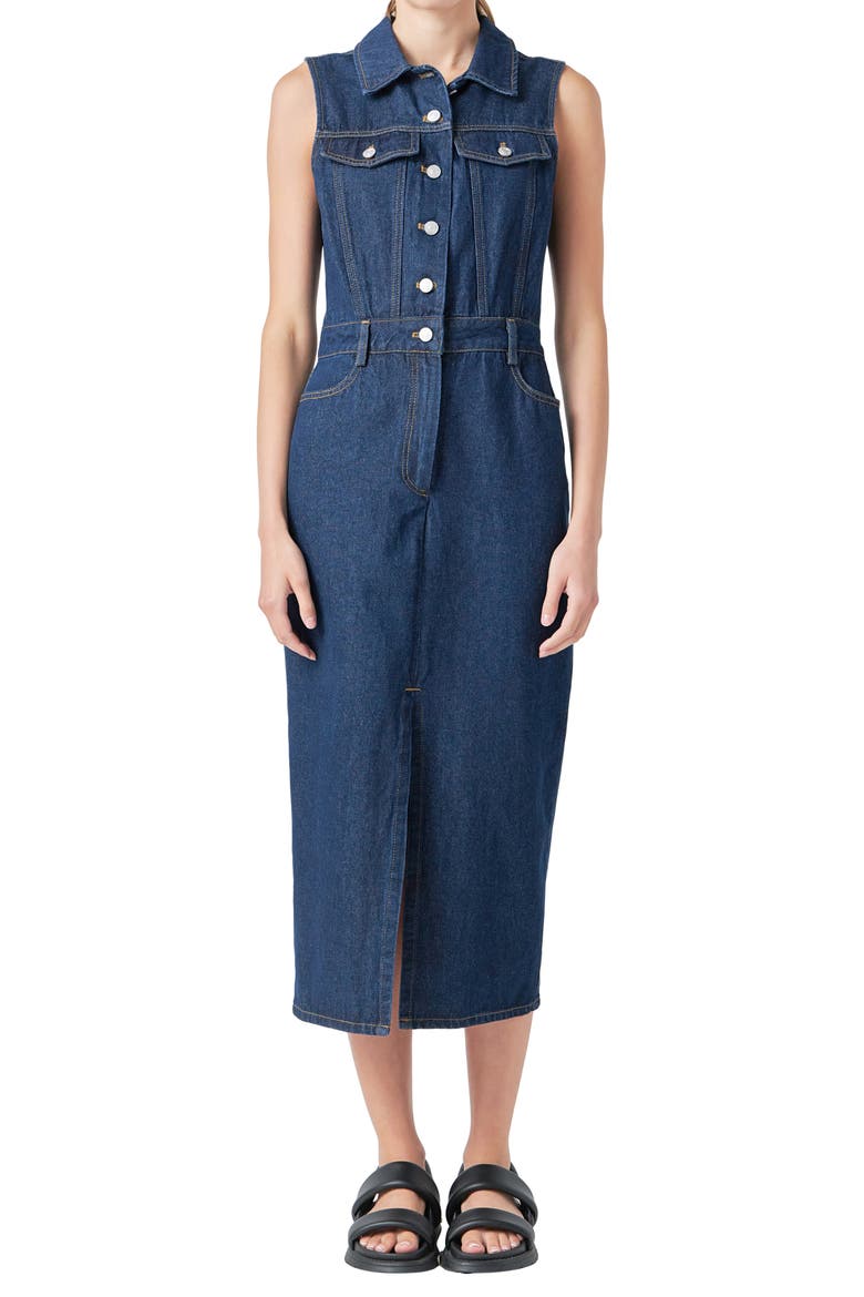 Sleeveless Midi Denim Dress, Alternate, color, NAVY