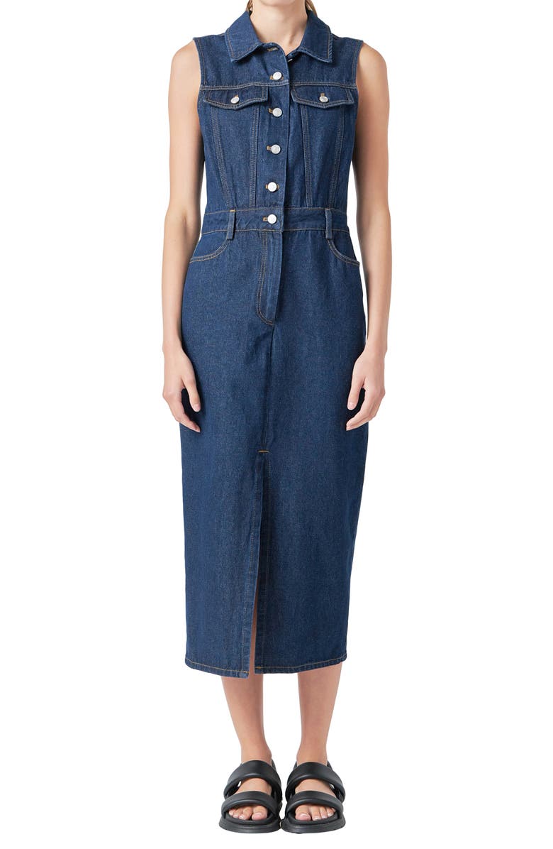 Grey Lab Sleeveless Midi Denim Dress, Alternate, color, Navy