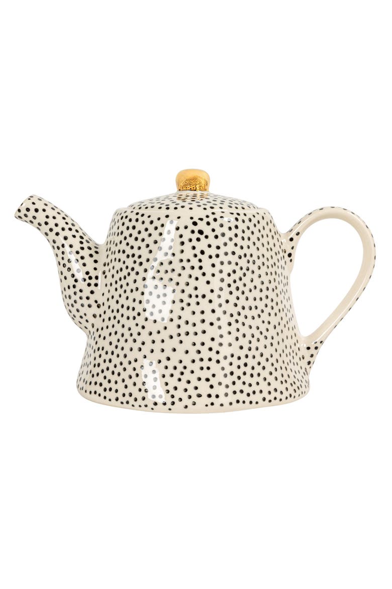 White Stoneware Teapot with Black Speckles & Gold Electroplating, Alternate, color, Black