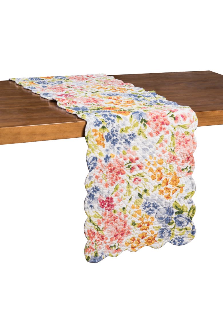 Florian Watercolor Botanical Quilted Table Runner 14" x 51", Main, color, Orange