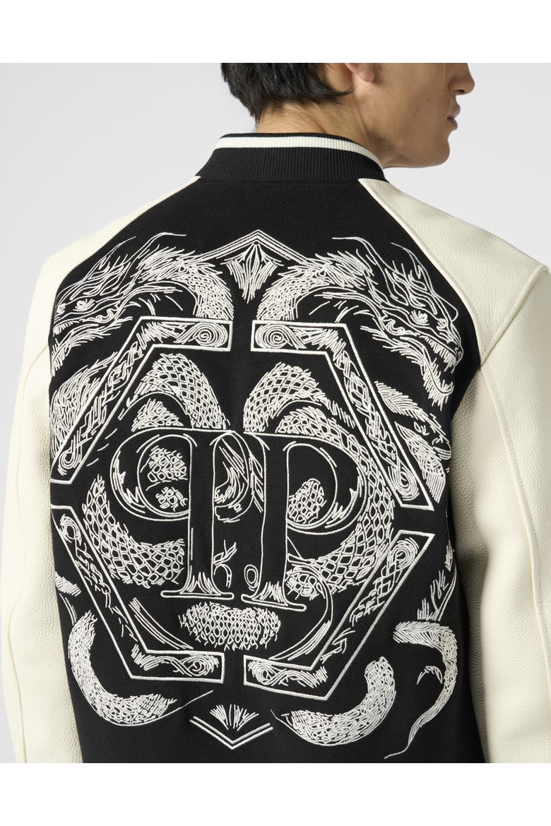 Wool &Amp; Leather Varsity Bomber Jacket Dragons Men, Alternate, color, black/white