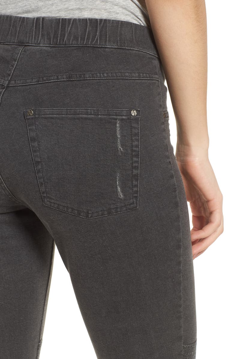 Zeza B by Hue Metallic Knee Patch Denim Skimmer Leggings, Alternate, color, 