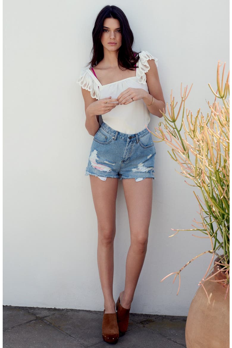 KENDALL + KYLIE at Topshop High Rise Denim Shorts, Alternate, color, BLUE