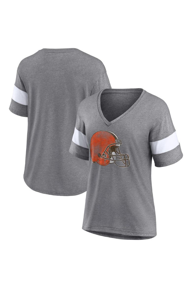 Women's Fanatics Branded Heathered Gray/White Cleveland Browns Distressed Team Tri-Blend V-Neck T-Shirt, Main, color, Heather Gray