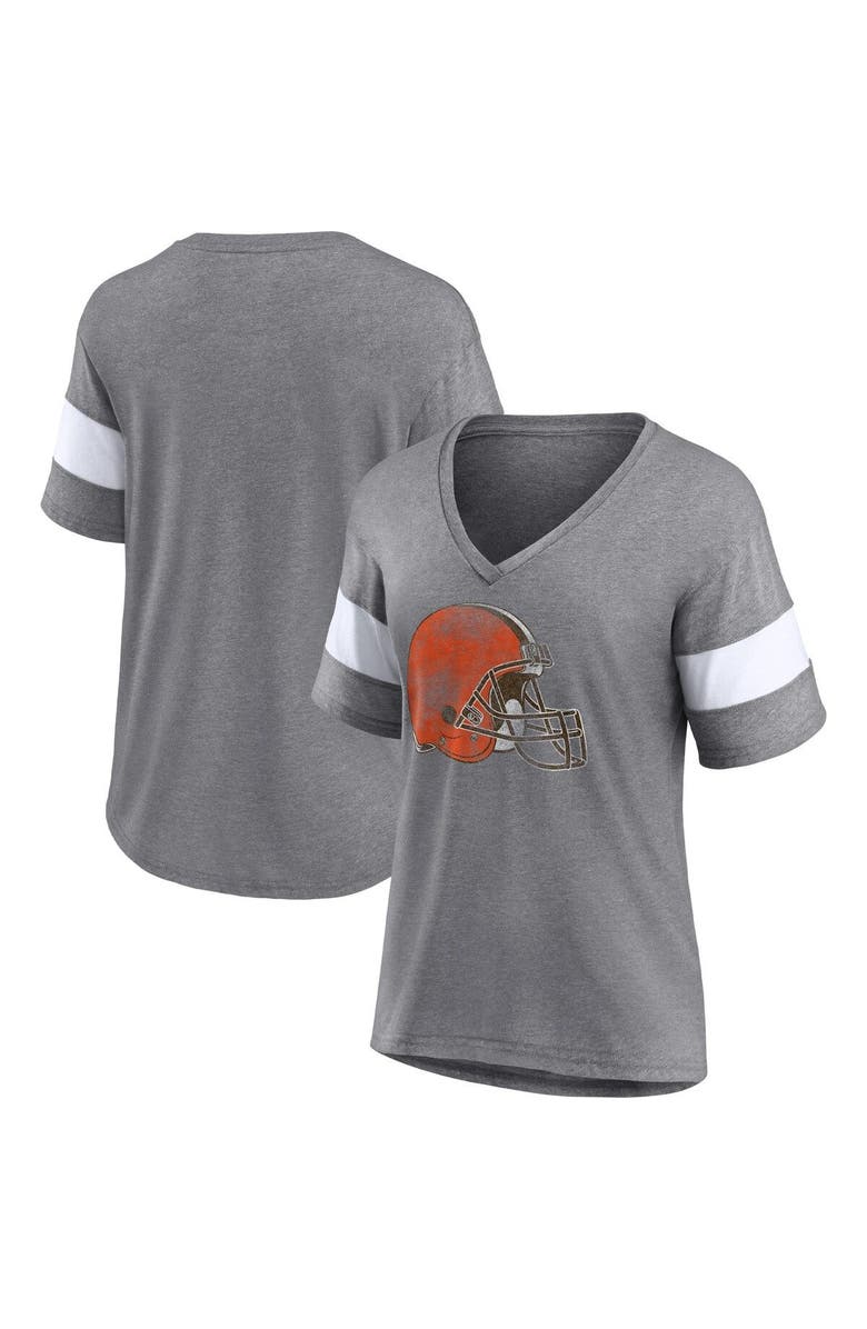 FANATICS Women's Fanatics Branded Heathered Gray/White Cleveland Browns Distressed Team Tri-Blend V-Neck T-Shirt, Main, color, Heather Gray