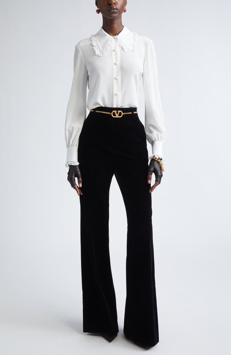 Valentino Ruffle Trim Silk Silk Crêpe de Chine Shirt, Alternate, color, Ivory