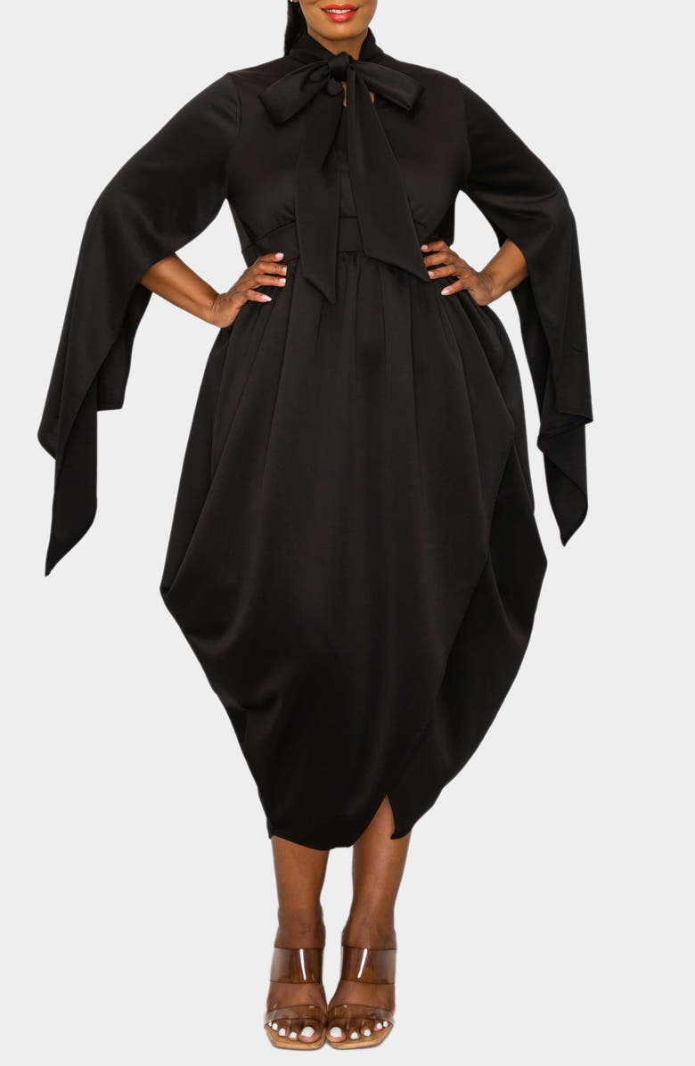 L I V D Tina Cape Sleeve Tulip Hem Midi Dress, Alternate, color, Black