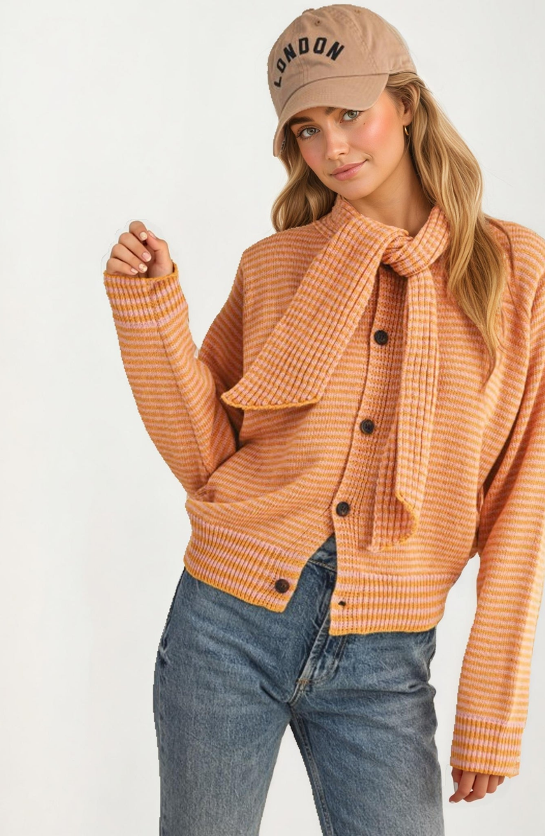 Knit and Lounge Striped Knit Button Tie-Neck Scarf Cardigan, Alternate, color, Orange / Pink Stripes