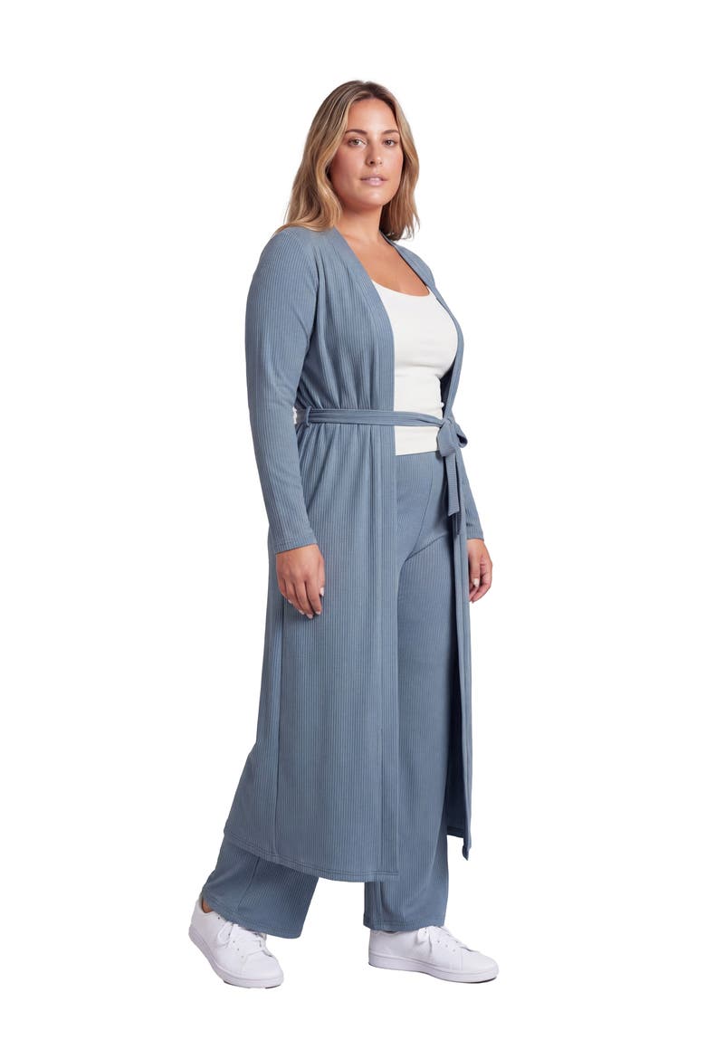 Curvy Basic Long Sleeve Tie Waist Soft Jacket and Elastic Waist Wide Leg Pant Set, Alternate, color, Blue