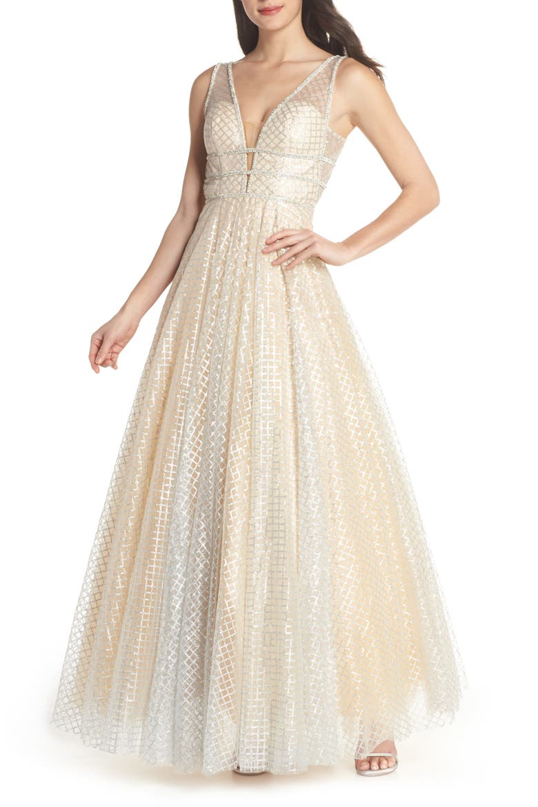 Sequin Illusion Neck A-Line Gown, Main, color, NUDE/ SILVER