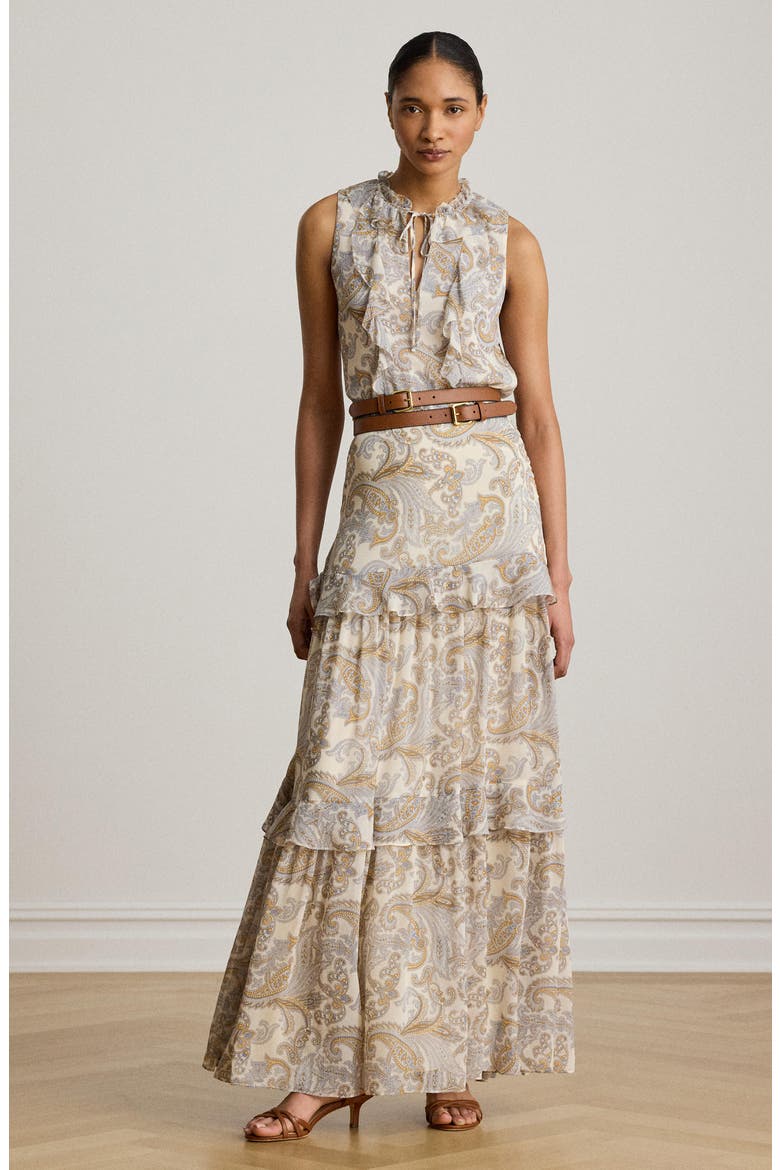 Paisley Ruffle Tiered Maxi Skirt, Alternate, color, CREAM/ MULTI