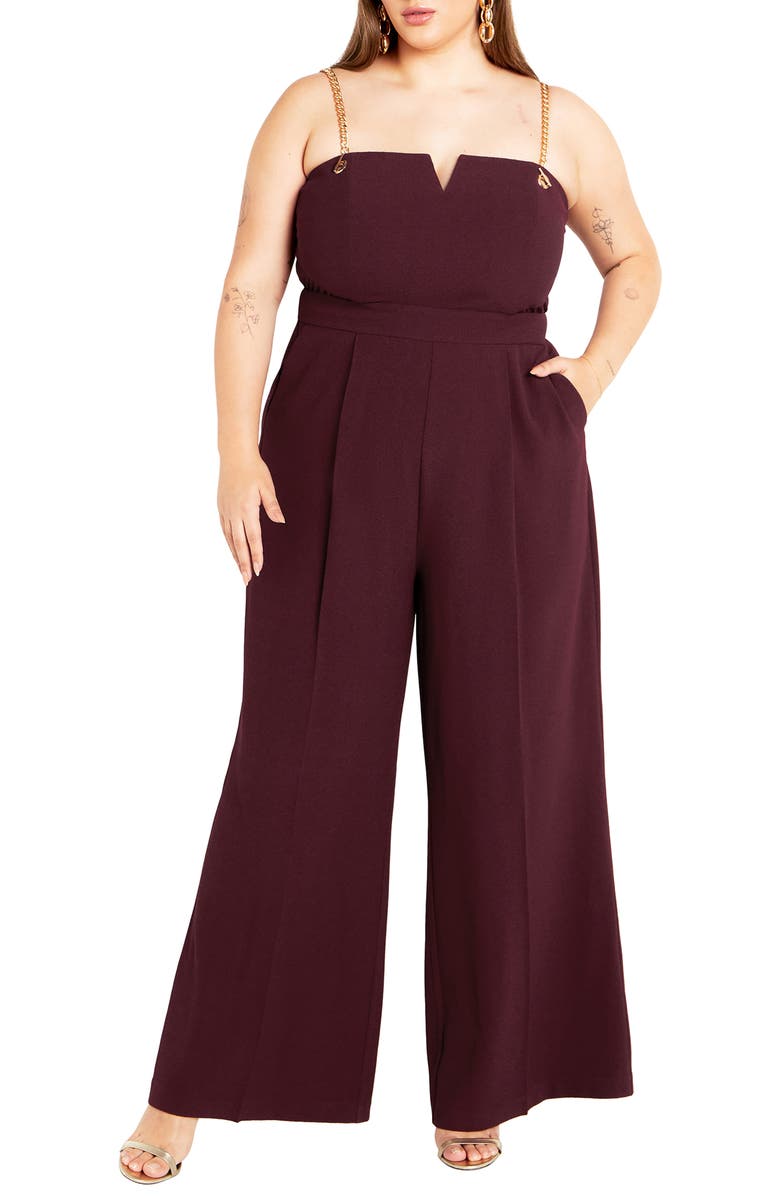 City Chic Nylah Chain Strap Wide Leg Jumpsuit, Main, color, Burgundy