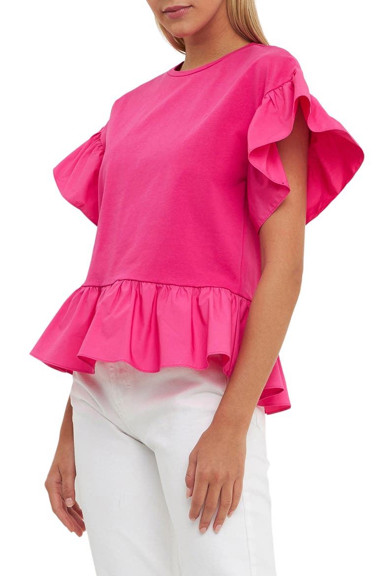 Mixed Media Flutter Sleeve Peplum Cotton Top, Alternate, color, FUCHSIA