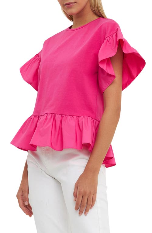 English Factory Mixed Media Flutter Sleeve Peplum Cotton Top In Fuchsia