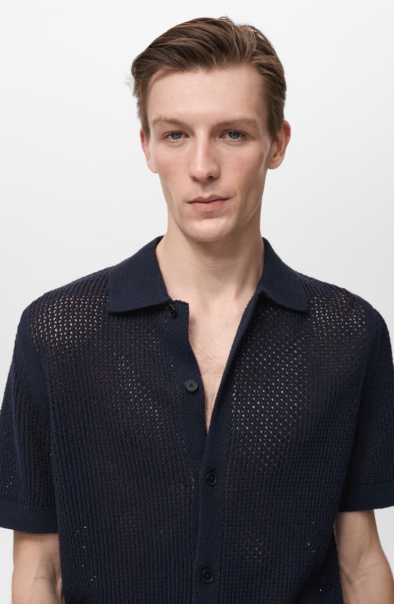MANGO Openwork Short Sleeve Cotton Button-Up Shirt, Alternate, color, Dark Navy