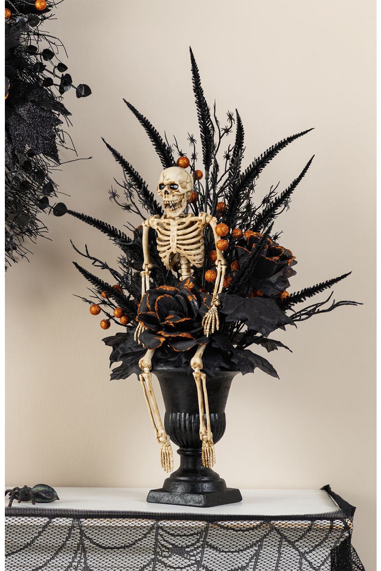 22"H Halloween Black Rose Skeleton and Berry Urn Table Tree, Alternate, color, Black
